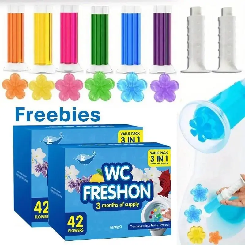 Household Scented Flower Toilet Gel Stamps with Dispenser, 3-Pack Home Cleaning Supplies, Fruity Fragrance 9 Refreshing Scents, Long-Lasting Odour Control Deodorizing Guest Bathroom Deodorizer, Up to 3 Months Freshness