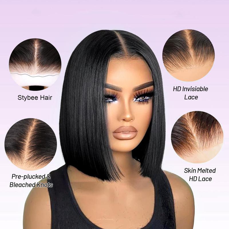 Bob Wig 100% Human Hair Wigs Glueless Lace Front 180% Density 10 Inches Bob, Pre Cut Plucked Lace Short Wig Ready To Go Natural Color Straight Bleached Knots Black Wigs