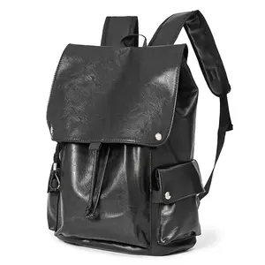 2026 Vintage PU Leather Backpack Trendy Large Capacity School Bookbag Casual Daily Commute for Young Men Khaki Grey Leather Black 14-inch Laptop Compatible Urban Minimalist Style