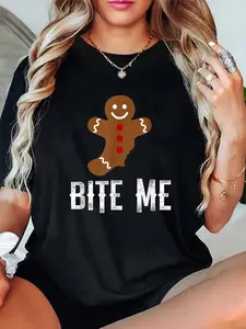 100% Cotton Unisex Gingerbread Man Bite Me Funny Christmas Adult Humor Naughty T-Shirt，Autumn Women's T-shirt Christmas Happy Letter Snowflake Fun Pattern