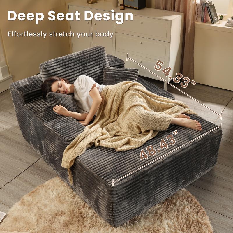 CAODOC Boneless Chaise Lounge Upholstered Sofa Bed with Throw Pillows, 48.42" Deep, Soft Corduroy, No Assembly Required, Indoor Sleeper Chair