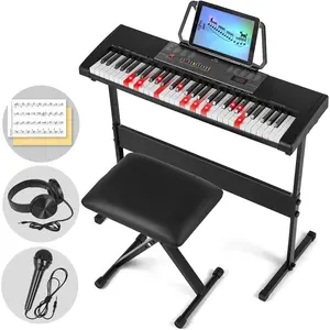 61 Key Piano Keyboard, Electric Piano Keyboard with Lighted Up , Learning Keyboards Piano for Beginners With Piano Stand, LCD Screen, Headphones, Microphone (Black with Stool)