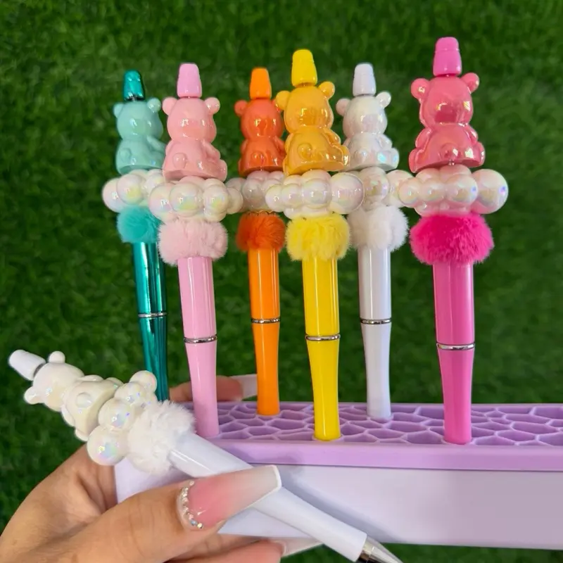 Cute Bear Pom Pom Pens | Kawaii Beaded Pens | Colorful Desk Accessories | Gift Idea