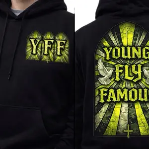 Young Fly Famous Hoodie - Black and green Pullover with YFF Logo and Dove Design for Men