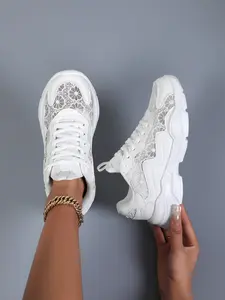 Women's Base Floral Lace Dad Shoes, Thick Sole Height-Boosting Casual Sports Shoes, Daily Commute Versatile Trendy Shoes, Sneaker