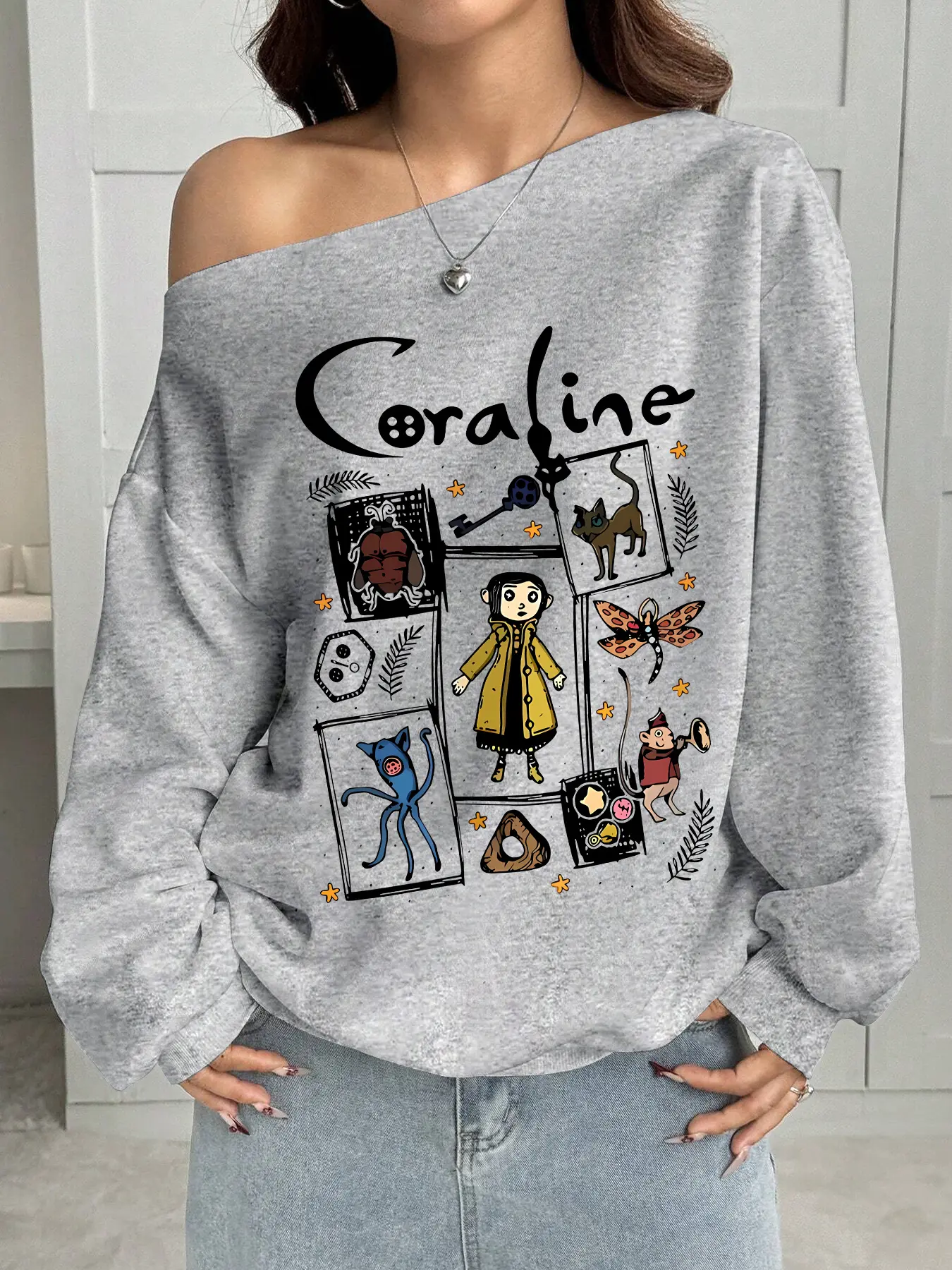 Women's Casual Chic Loose Fit Y2K Style Knit Top, Long Sleeve, Coraline Cartoon Print, Shoulder Cut Out Design, Perfect for Parties & Fall Winter Wear, Pullover Sweatshirts