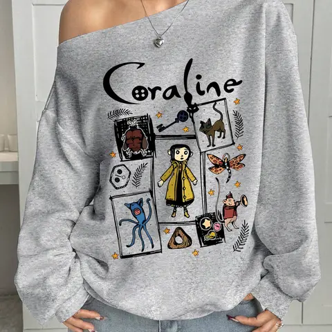 Women's Casual Chic Loose Fit Y2K Style Top, Coraline Cartoon Print, Shoulder Cut Out Design, Perfect for Parties, Party Friendly & Fall Winter Wear Sweatshirts