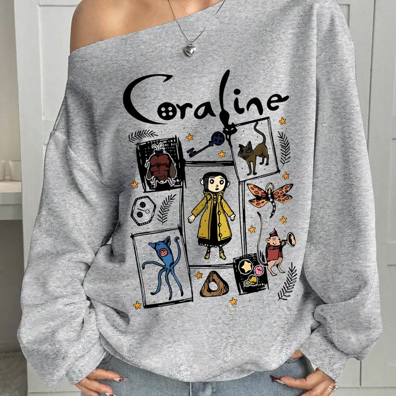 Women's Casual Chic Loose Fit Y2K Style Top, Coraline Cartoon Print, Shoulder Cut Out Design, Perfect for Parties, Party Friendly & Fall Winter Wear Sweatshirts