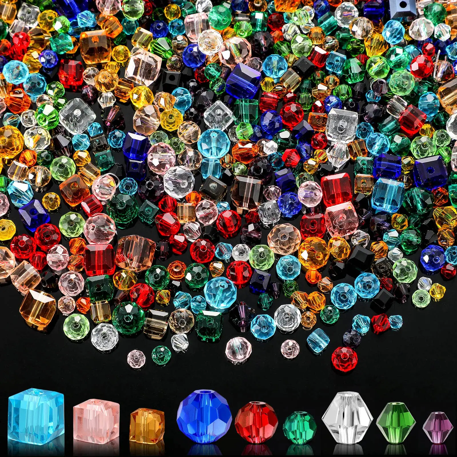 1000 Pieces Crystal Beads for Jewelry Making, Faceted Bicone & Cube Beads for DIY Bracelets