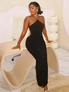 Elegant Chic Women's Plain Backless Long Dress, Casual Tight-Fitting Sleeveless Neckline, Summer Fashion, Moderate Fabric Thickness, Solid, Bodycon Fit Dress