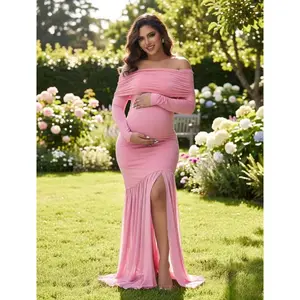 Maternity Off Shoulder Split Hem Dress, Solid Color Long Sleeve Maternity Dress for Baby Shower Party, Maternity Clothes for Summer, Maternity Clothing, Maternity Apparel, Pregnancy Clothes