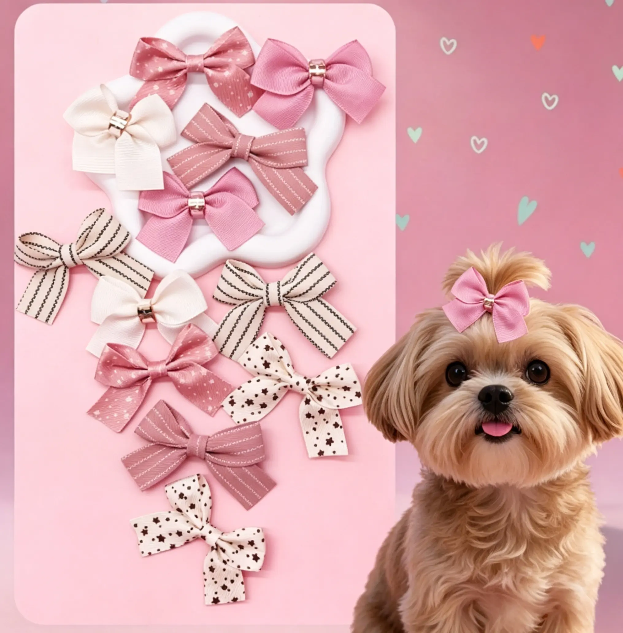 Pet Hair Clips, Cute Star & Stripe Ribbed Polyester Bows for Small Dogs with Anti-slip Alligator Clasp for Daily Grooming & Walking, Breathable, Durable, Gentle On Fur, Hair Clip/Hair Pin