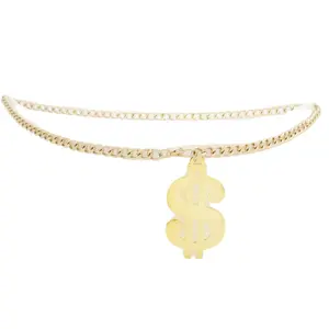 TFJ Women Street Fashion Belt Hip Waist Gold Dressy Metal Chain Dollar $ Charm Buckle Size M L XL