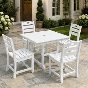 ARCH White HDPE Outdoor Dining Set for 4, 5-Piece Patio Set with Square Table and 4 Chairs, Umbrella Hole, Weather Resistant, for Garden Deck Backyard, White Color Options, HDPE Material, Product Weight: Not Applicable lb, Color: White
