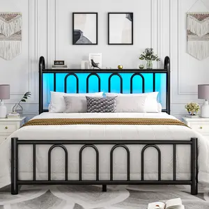 【880 lbs Capacity】King Queen Full Size Metal Bed Frame with Storage Headboard & LED, NO MATTRESS,Under Bed Storage Space & Strong Metal Slats for Apartment,Dorm & Small Room, Noise-Free, Easy Assembly, Modern Bedroom Furniture,Easy Assembly,Black
