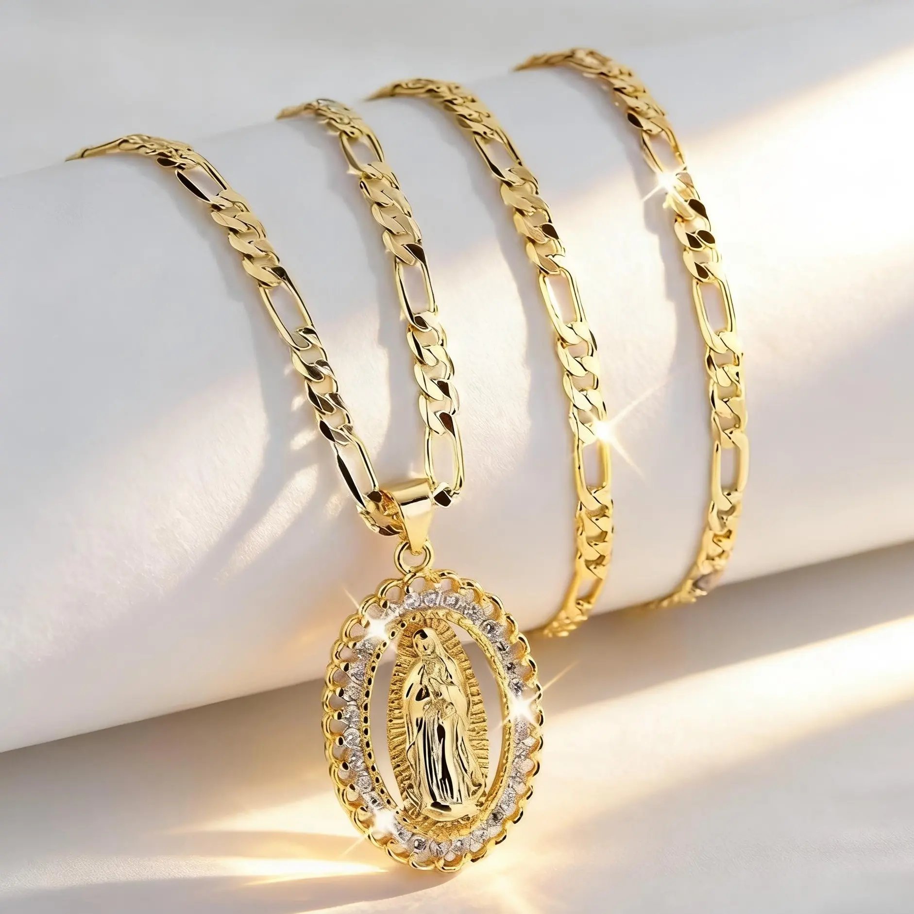 14K Gold Plated Guadalupe Medal Pendant Necklace with Oval Cubic Zirconia Figaro Chain Religious Jewelry Perfect Mother's Day Gift for Women Mom Wife