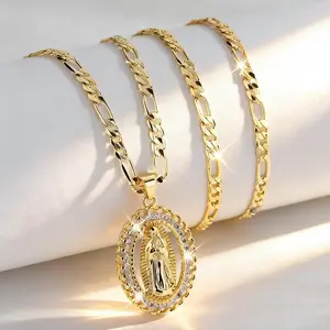 14K Gold Plated Guadalupe Medal Pendant Necklace with Oval Cubic Zirconia Figaro Chain Religious Jewelry Perfect Mother's Day Gift for Women Mom Wife
