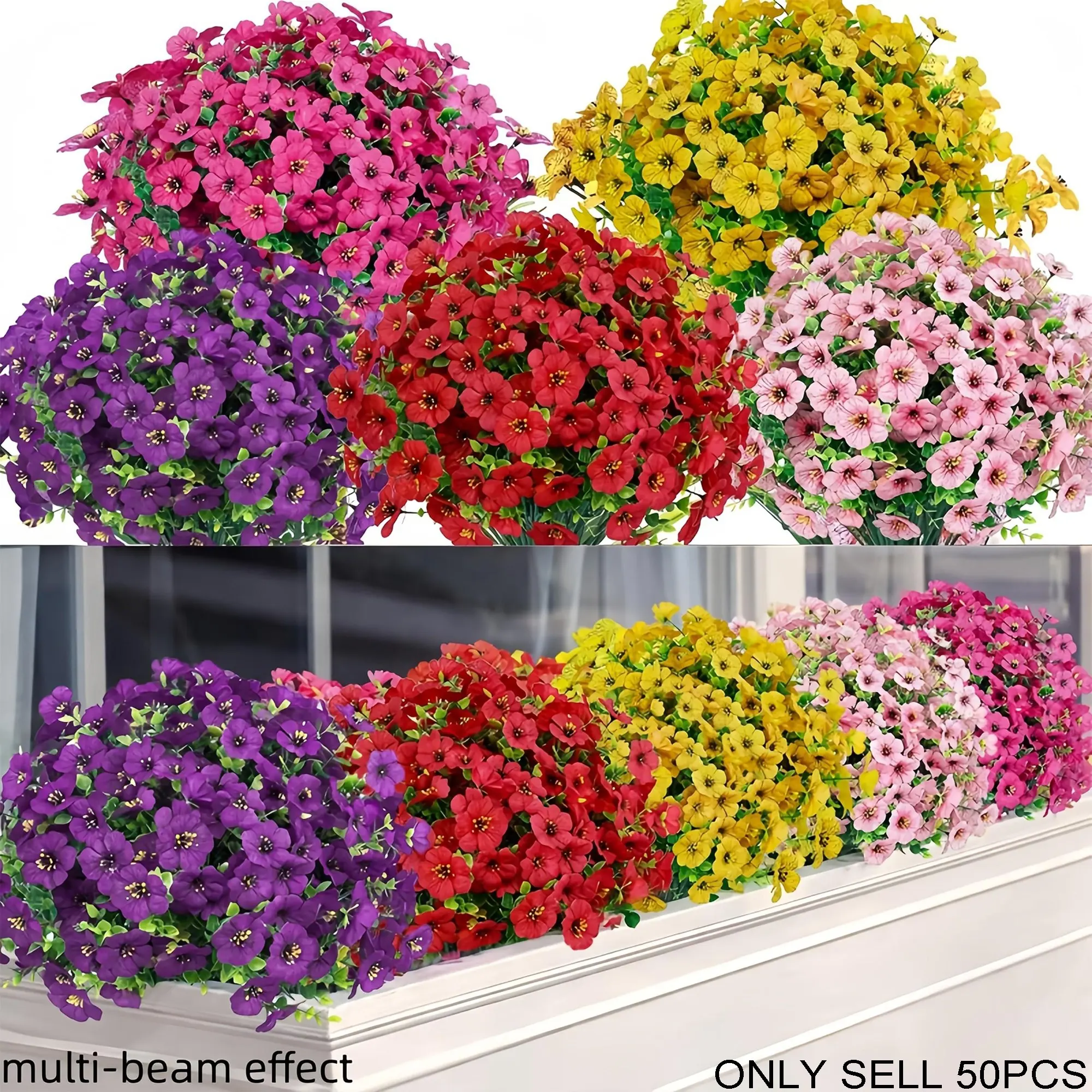 50 Bundles Mixed Color Artificial Flowers - Outdoor Weatherproof Fake Daisies, Vibrant Multicolor Faux Plants, High-Quality Plastic Hanging Decor for Balcony, Patio Planters, Wedding & Event Arrangements, Spring & Summer Decoration, Long-Lasting