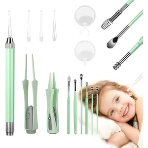 15 Pack Ear Wax Removal Tool Kit with Light - LED Ear Cleaning Kit, Ear Wax Removal for Kids and Adults, Ear Cleaning Tool, Ear Picker Spoon & Ear Tweezers & Spiral Spring Ear Spoon Green
