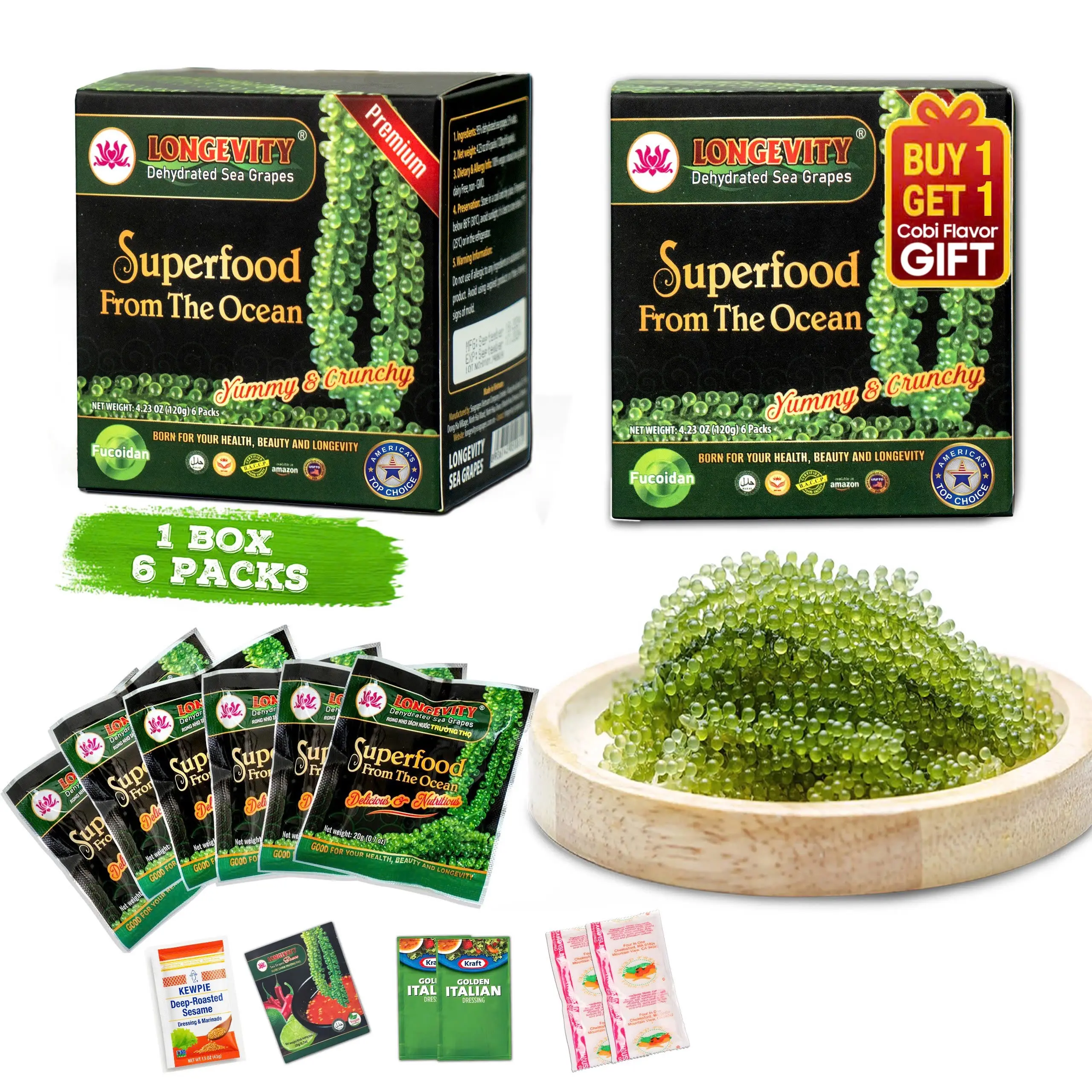 [Buy 1 Get 1 Gift Free] Longevity Dehydrated Sea Grapes 6 Packs of 4.23 oz Green Caviar Umibudo Latok Seaweed Organic Premium Quality Crunchy Flavor Superfood From The Ocean