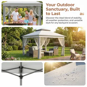 YJ-Garvee 11x11ftPop-Up Gazebo with 4 Mesh Netting, Instant Outdoor Canopy Tent with Durable Steel Frame, Waterproof and UPF 50+ UV Protection, Fit for Garden, Patio, Courtyard, Party, Light Grey