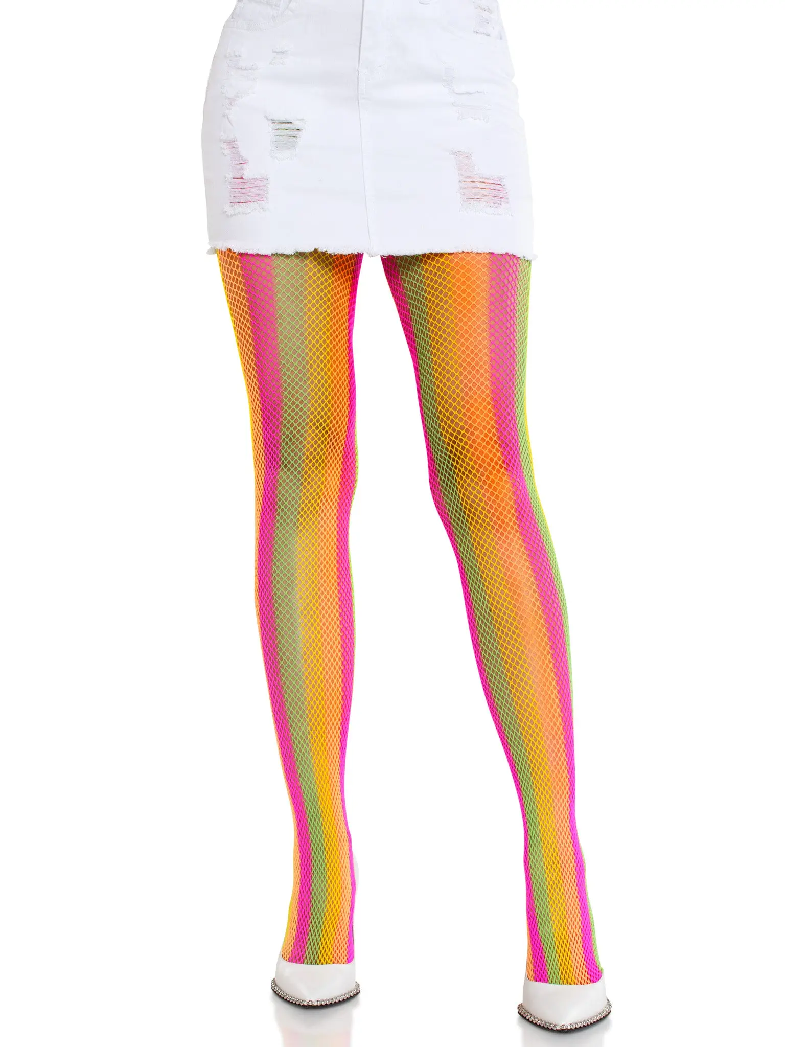 Women's Rainbow Striped Tights, Neon Fishnet Stockings for Festival & Rave Outfits, Soft Stretchy Hosiery Fabric