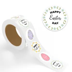 StickerJet Easter Stickers, 2"x2" Round Labels, 500 Pcs Roll, Self-Adhesive Paper Stickers, Easy Peel & Stick for Gifts, Packaging & Holiday Decorations