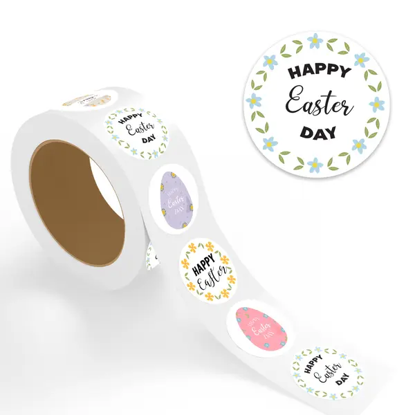 StickerJet Easter Adhesive Labels & Stickers, 2"x2" Round Self-Adhesive Colorful Labels & Stickers, 500-Pcs Roll, Easy Peel & Stick Office Stationery for Gifts, Packaging