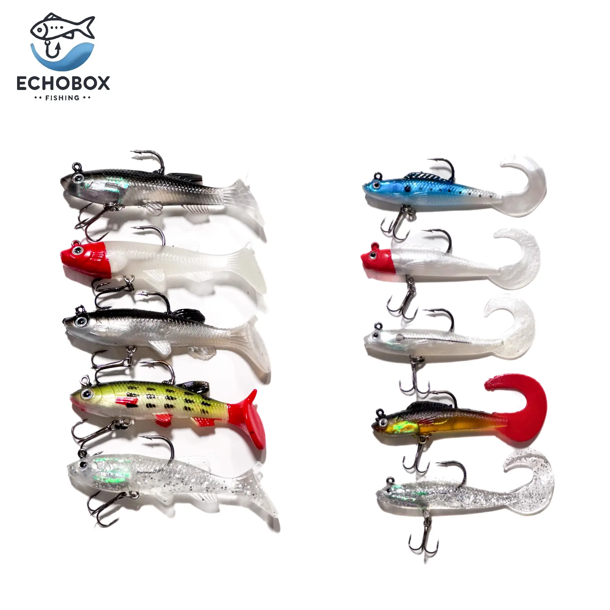 EchoBox Pro Pre-Rigged Swimbait Fishing Tackle Lure 10-Pack | Dual-Tail Action (Paddle & Curly Tail) For Bass, Redfish & Predators – Saltwater-Ready Design! swim bait