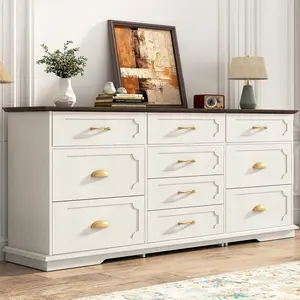 10-Drawer Dresser with Charging Station, 70-Inch Wooden Chest of Drawers with Power Outlet, Extra-Large Storage Dresser for Bedroom, Living Room, or Entryway