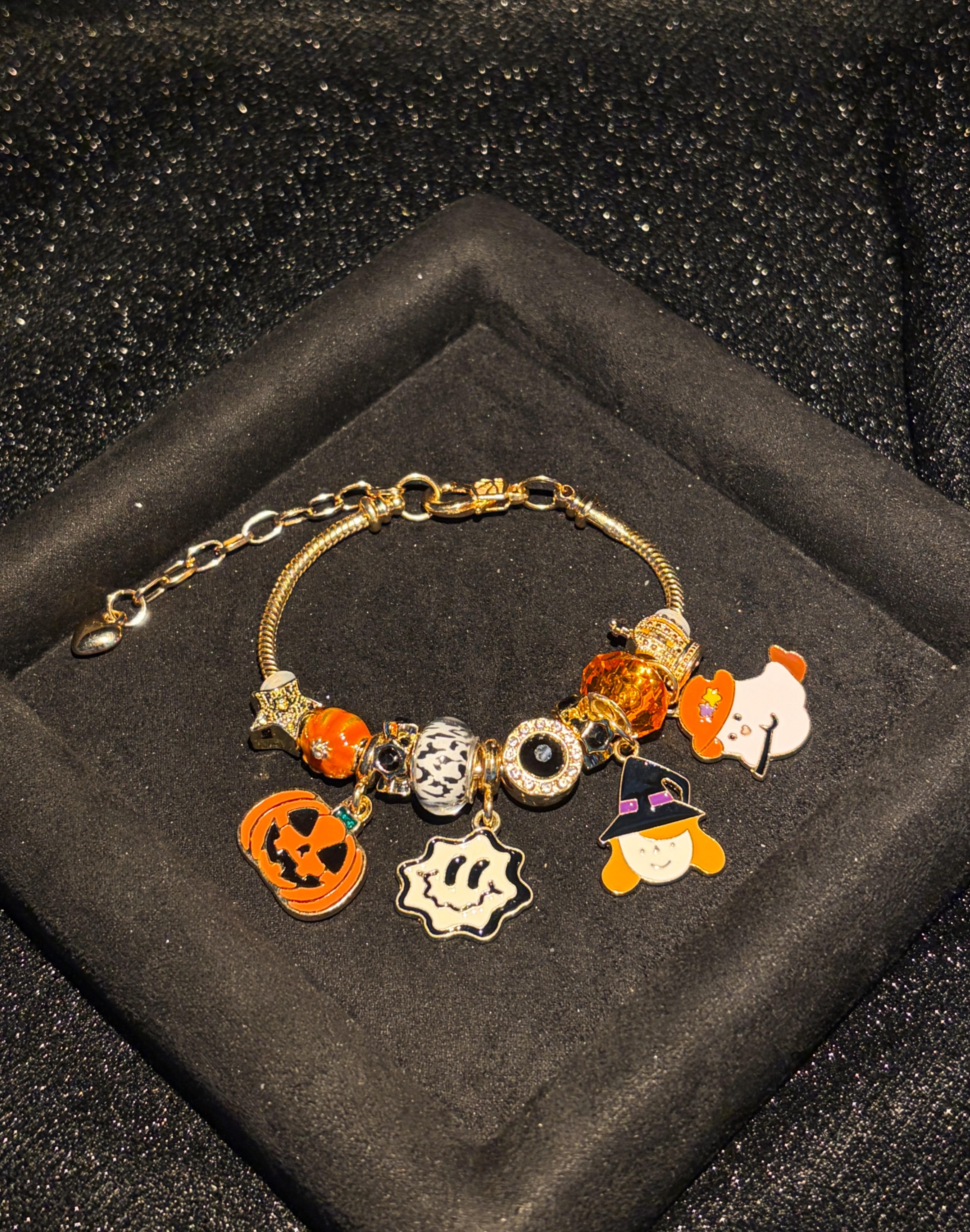 Halloween Pumpkin Ghost Witch Charm Bracelet, Gold-Tone Dangle Bracelet with Orange Bead, Bat and Black Eye Pendant, Spooky Cute Holiday Jewelry for Party Gift Halloween Pumpkin Ghost Witch Charm Bracelet, Gold-Tone Dangle Bracelet with Orange Bead, Bat and Black Eye Pendant, Spooky Cute Holiday Jewelry for Party Gift
