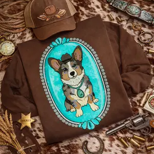 Merle Cowboy Corgi Turquoise Stone Crewneck and T-shirt, western clothing, punchy western wear, western boutique clothing, Cowboy Stuff, Western Sweatshirt, Turquoise Tee, Western Cowboy Graphic Hoodie