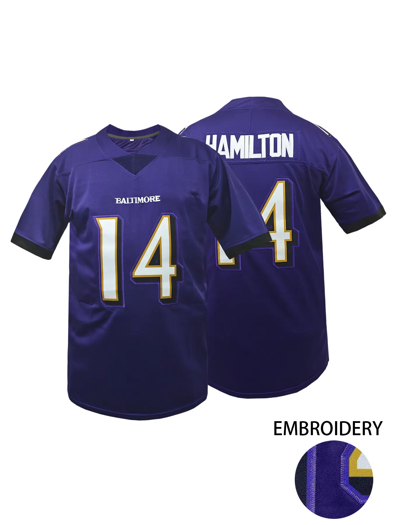 Men's Baltimore #14 Embroidered Rugby Shirt, V Neck Short Sleeve Top, Athletic Top, Breathable Loose Fit Unisex Football Jersey, Embroidery Jersey, Perfect for Casual, Outdoor Sports Wear, All Seasons