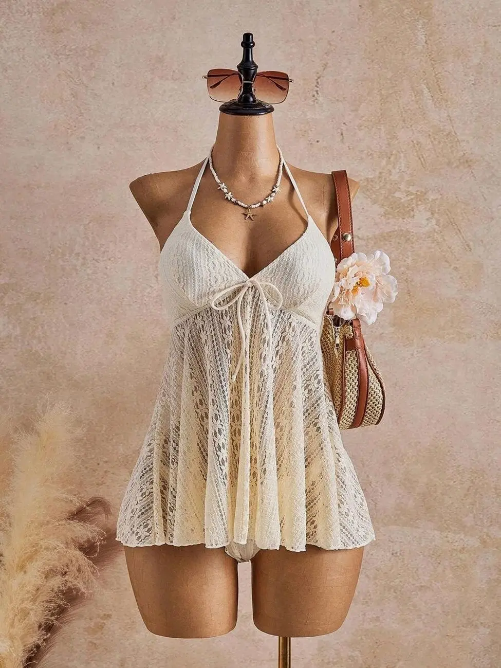 Bellisia Beige Floral Lace Halter Swimdress | Front-Tie Sheer Crochet Babydoll Swimsuit with Bottoms | Boho Beach Vacation Outfit