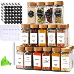 12pcs 40oz   jar Square Seasoning Canisters, Pepper Powder Bottles 120ml Bamboo/Wood/Glass Condiment Jars Set Kitchen Spice