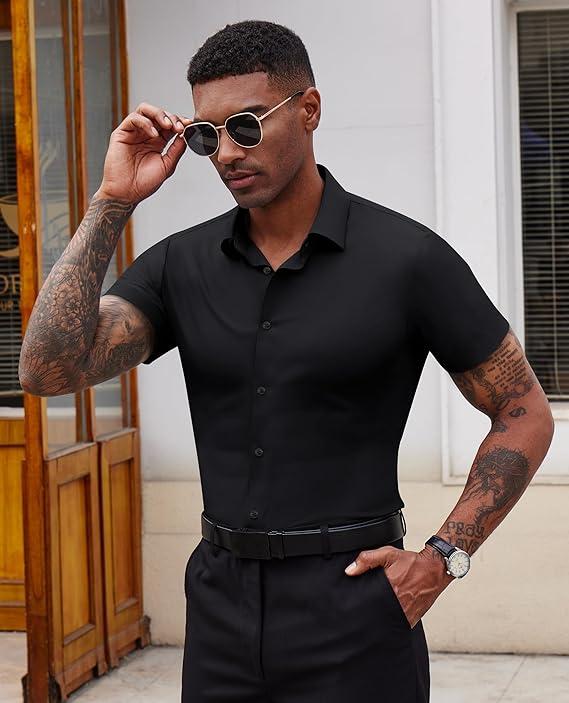 2-Pack Alimens&Gentle Men's Stretch Dress Shirts Short Sleeve Slim Fit Business Casual Button Down Shirts Muscle Fit Men's Dress Shirts Shortsleeve Menswear gifts for dad