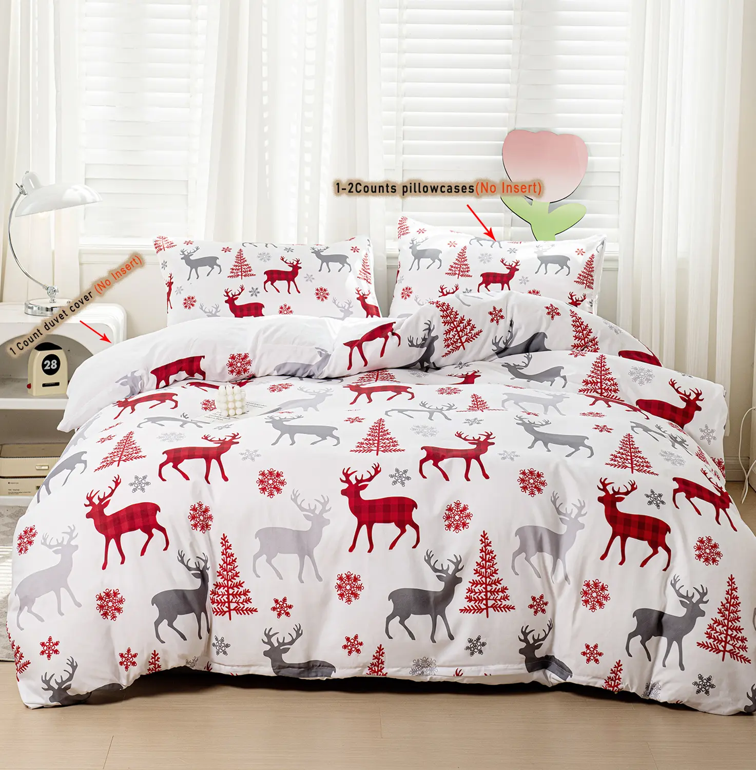Christmas Reindeer Print Cover-Only Duvet Set - No Comforter Included, Soft Microfiber, Zipper Closure, 1-2 Pillow Shams, Bedroom Bedding Set, Breathable, Machine Washable, Festive Winter Bedroom Accent, Breathable Duvet Set