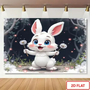 1pc Fluffy Bunny Party Backdrop - Magical Night Scene with Glowing Wand & Dandelions, No Electricity Needed, Easy Hang Polyester Fabric Decor for Birthday, Easter, Photo Booth - Indoor/Outdoor