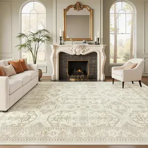 Art&Tuft Persian Geometric Washable Area Rug - Anti-slip Backing, Stain-resistant, Durable, Soft Single-color Non-white Carpet for Living Room, Bedroom with Artistic Abstract Design