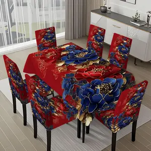 5/7-piece 2D Flat Printing New Year Red and Gold Peony Decoration Printing Pattern Tablecloth and Chair Cover Set, Dining Chair Slipcover, for dining table and chair decoration, perfect for home, holiday gatherings, restaurants, and parties.