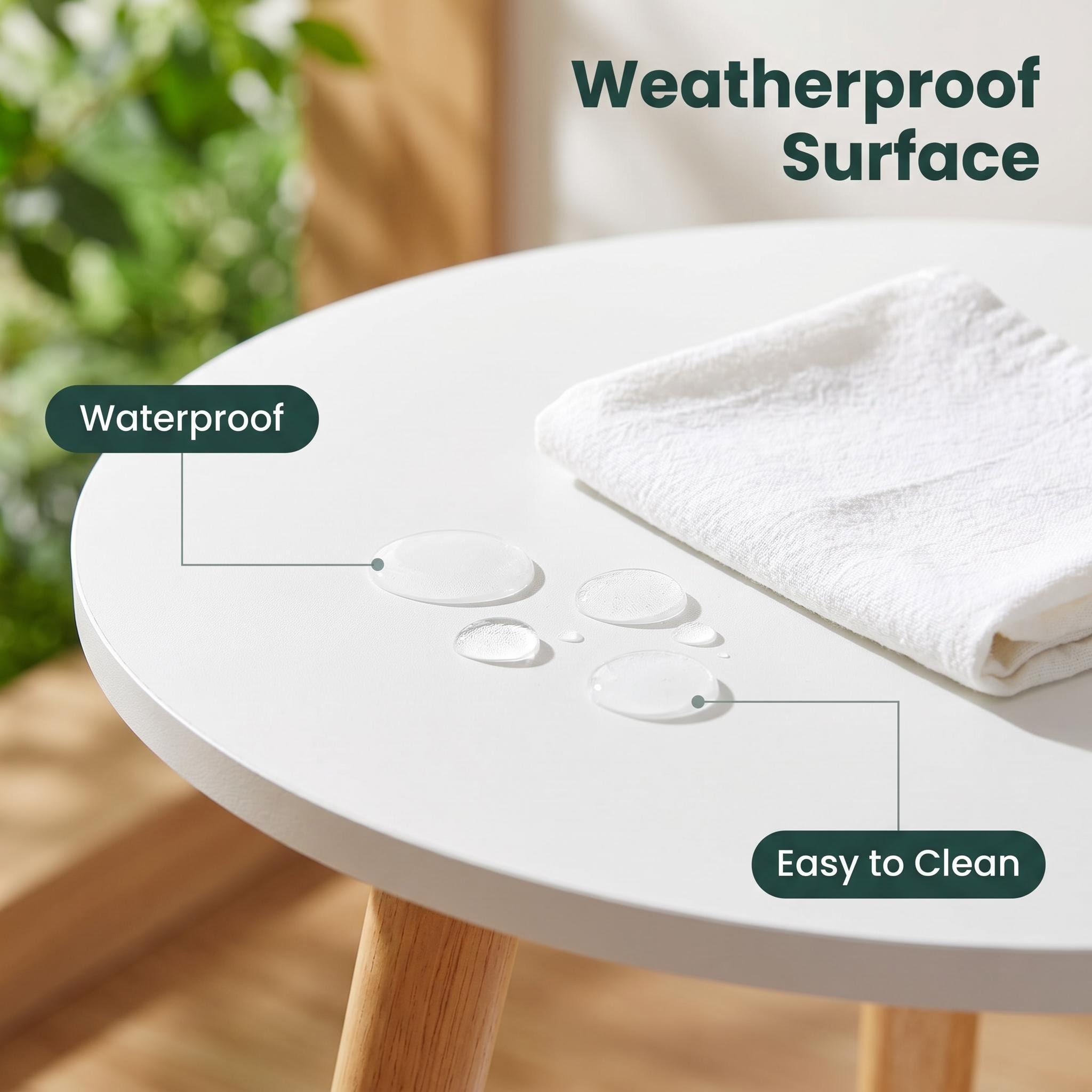 Outdoor Coffee Table Round Patio Side Table Double Layer Weather-Resistant Small Accent Table Modern White & Wood Finish for Garden Balcony Terrace