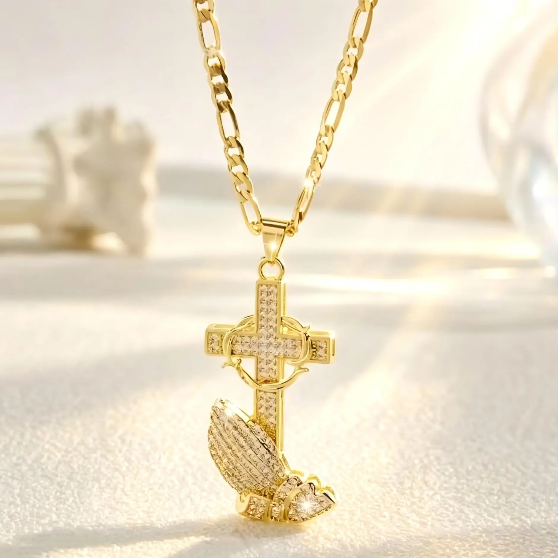 Iced Out Cross Anchor Necklace for Men 14K Gold Plated Praying Hand Pendant Hip Hop Cuban Link Chain Bling Religious Jewelry Gift
