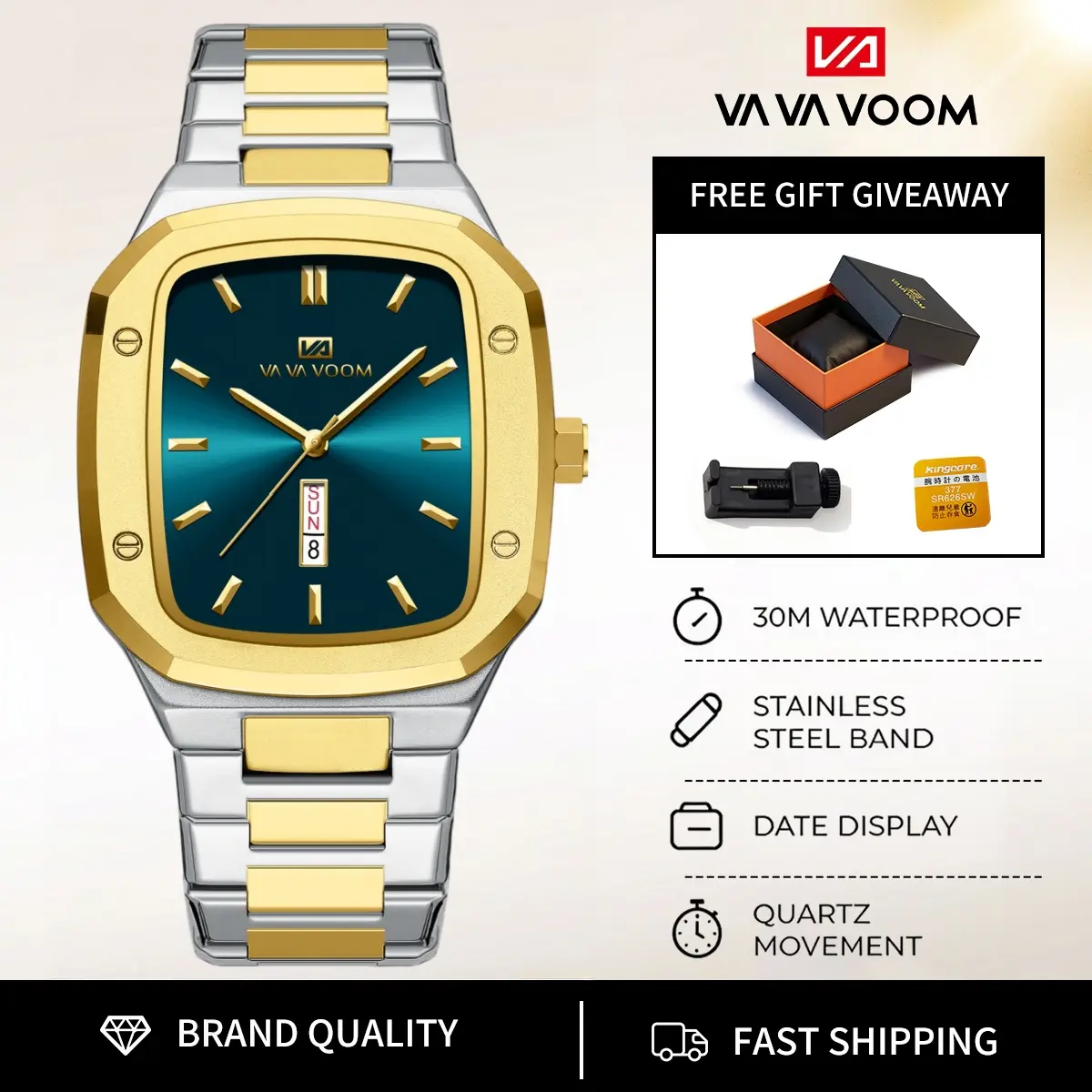 Chic Fashion Men's 46mm Square Stainless Steel Bracelet Watch, 2026 New High Quality Wrist Watch, Day/Date Cal., Quartz Movement, Durable Battery, Business Dress Timepiece, Free Gift Box, VA-2831