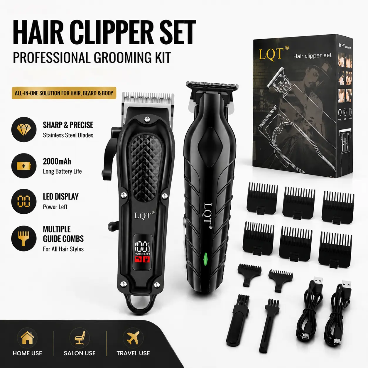 2-Piece Professional Blonde Hair Clipper & Trimmer Kit for Men - USB-Rechargeable Barber Set Featuring LCD Display, Adjustable Blade Hair Clippers, and Professional Men's Trimmer