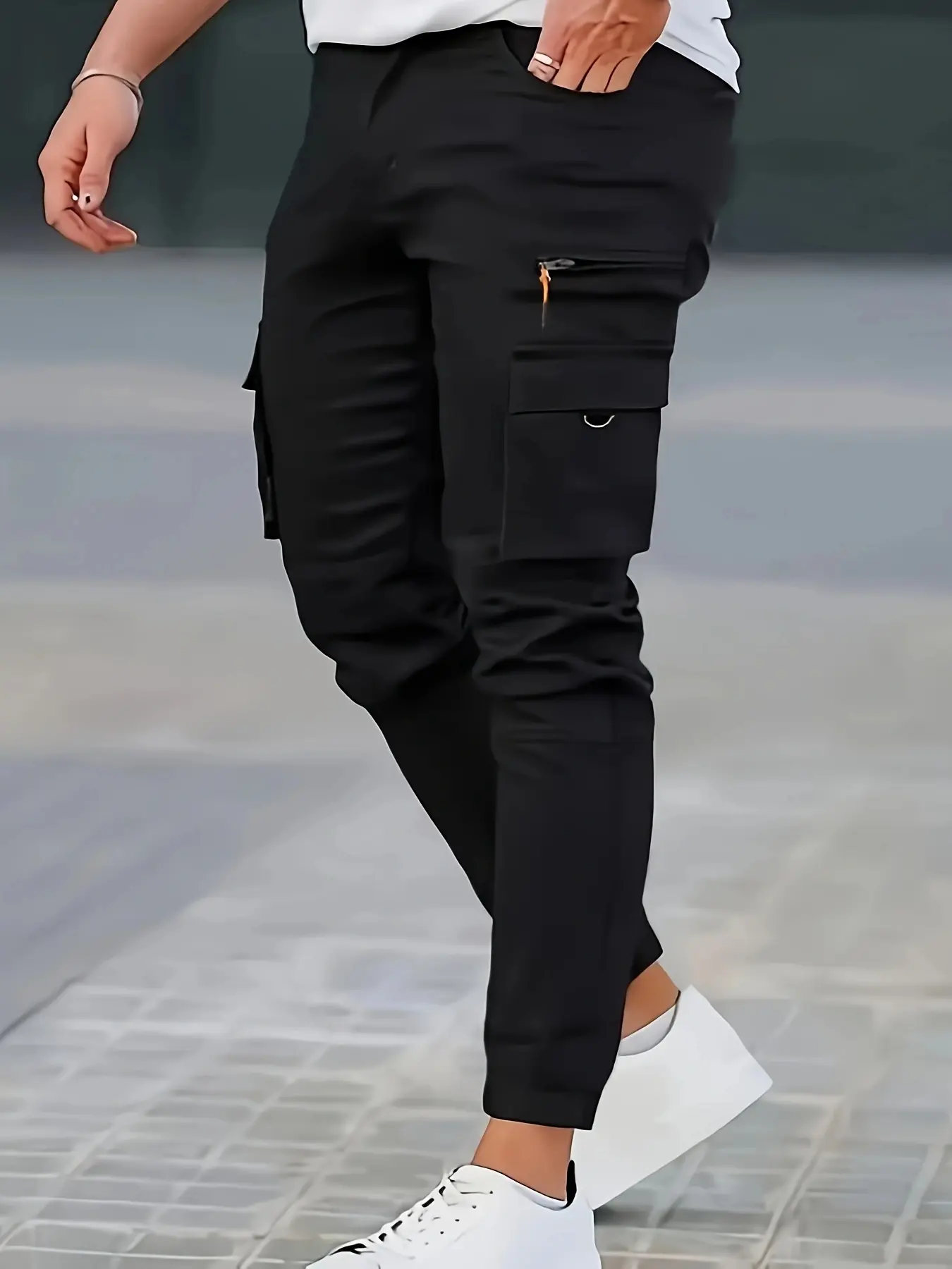 Men’s slim-fit cargo joggers with drawstring waist, zipper, multiple pockets — utility streetwear pants