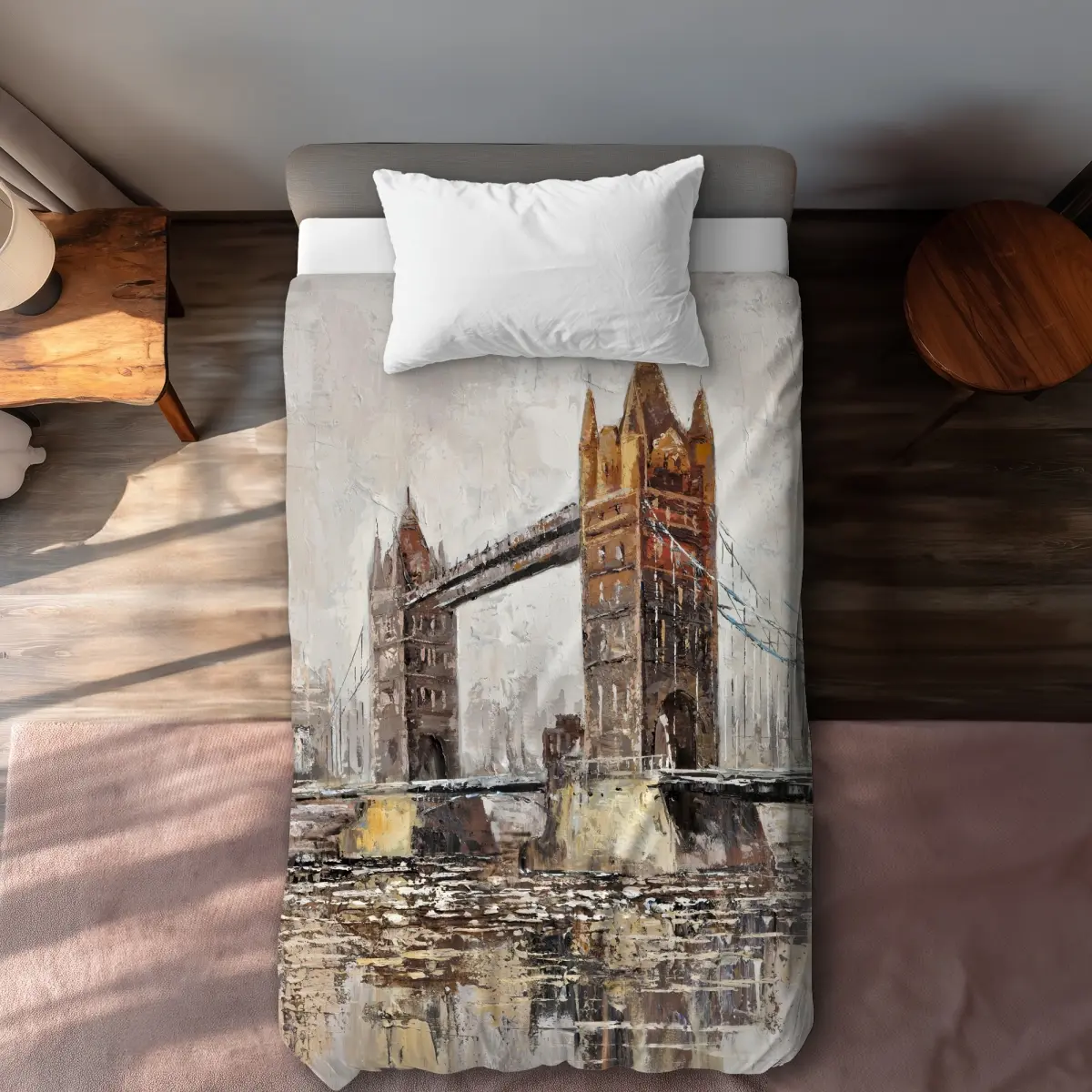 Begin Home Decor C1DCTSW067GSF1 Contemporary Beige London Tower Bridge Twin Size Duvet Cover, Stylish Bedding for Home Decor, Premium Duvetcovers