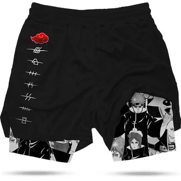 Akatsuki Shorts,Men's 2-in-1 Anime Graphic Fitness Shorts,Drawstring,Quick Dry Drawstring Mesh Athletic Running Shorts with LinerGift for Anime Fans