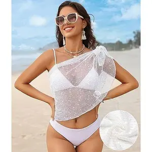 Sequin Sarong Wrap for Women Crochet Beach Cover Up Sheer Bikini Skirt Sparkly Swimsuit Coverups Mesh Swimwear Wrap Coverup for Pool Party