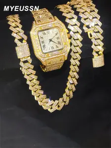 Cuban Gold Bracelet Watch, Men's, Hip Hop Miami Walkway, Crystal Laying, Bright Rap Singer Necklace, Watch+Jewelry Strap, Gold Watches, Jewelry Watch Set