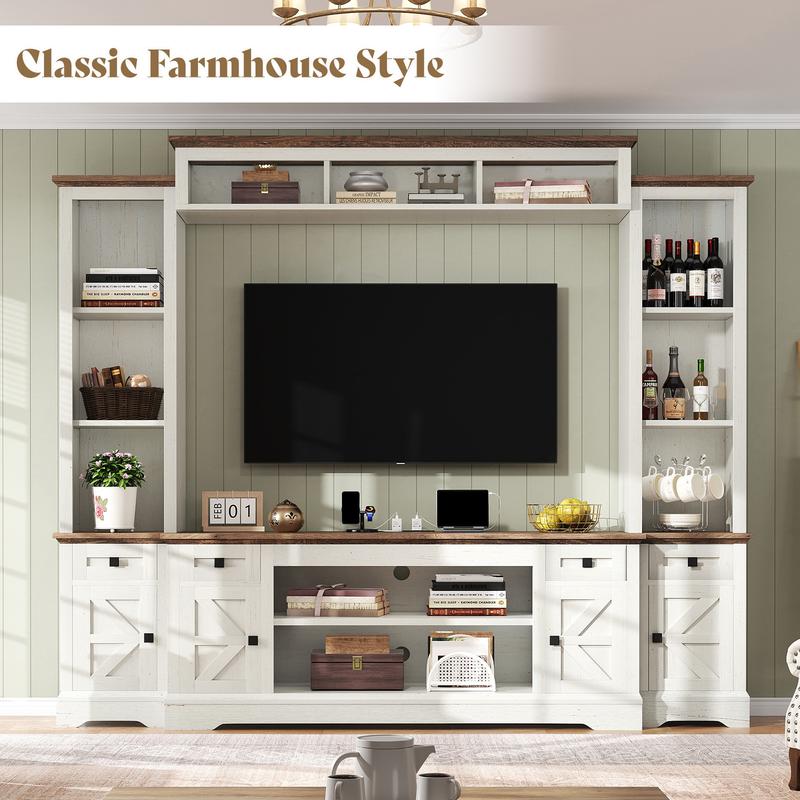 【Ships in 2 Boxes】AMERLIFE Farmhouse 98" Wall Unit TV Stand with Storage Cabinets for TVs up to 78", Large Entertainment Center with Bookshelves & Power Outlets, Wine Display Cabinet with Barn Door, Living Room